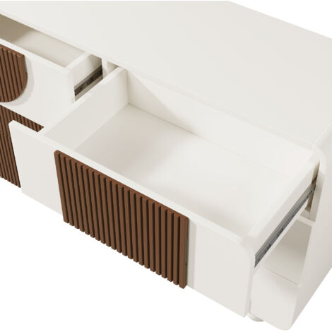 Buffet 6 Tiroirs Blanc Et Bois Chocolat - 121x71x41 Cm, Tiroirs Silencieux, Anti-basculement, Rangement Spacieux