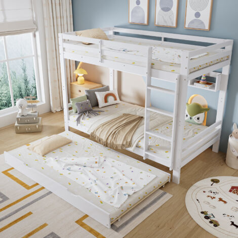 Lit superposé 90x200cm - Avec lit gigogne - Avec étagères et échelle - Bois massif + MDF - Blanc (sans matelas) (1/5)