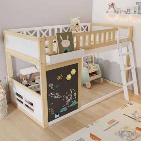 Lit mezzanine 90x200cm - Avec échelle et tableau noir - Garde-corps de sécurité - Bois massif+MDF - Blanc + Naturel(sans matelas)