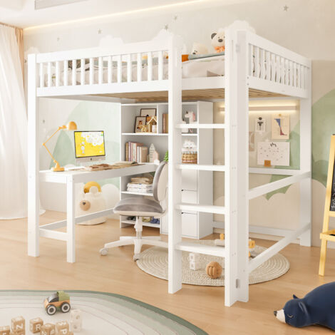 Lit mezzanine 140x200 cm - Rangements multiples - Avec échelle + bureau - 3 tiroirs - Blanc (matelas non inclus) (1/4)
