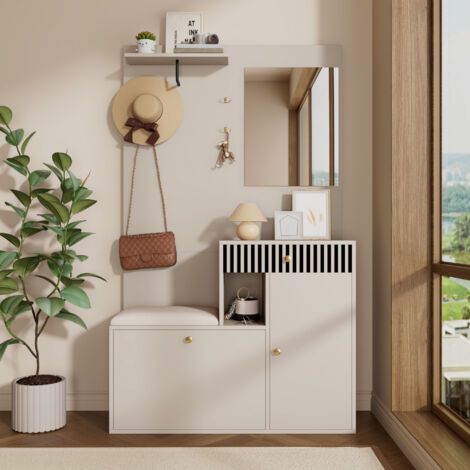Armoire D'entrée Compacte Merax - 110x185.5x37 Cm, MDF - Avec Siège, Miroir, Tiroirs, étagères - Vestiaire Couloir