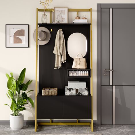 Modernluxe – Ensemble de meubles d'entrée 78x38,5x180,5cm – Miroir et crochets – Meuble à chaussures avec étagères – Noir