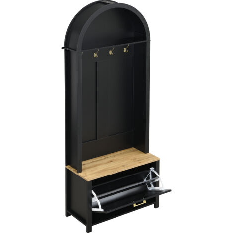 Vestiaire D’Entrée Moderne Avec Banc, Crochets Dorés Et Armoire Chaussures – Noir Élégant