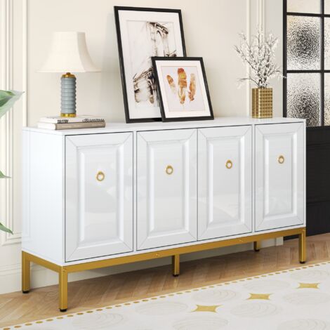 Buffet 140 x 40 x 80 cm - 4 portes - Avec étagères réglables - Finition brillante - Blanc + Or (1/5)