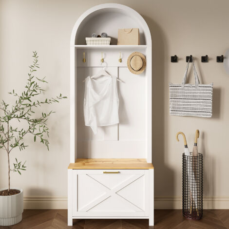 Ensemble vestiaire d'entrée 75x35x195 cm - Avec meuble à chaussures et crochets - Avec étagères - Blanc et naturel