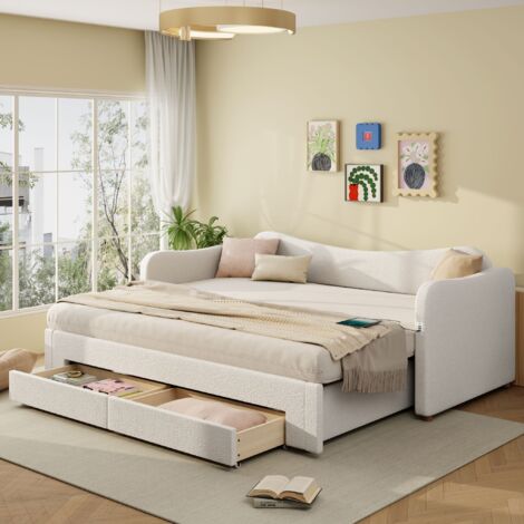 Canapé-lit capitonné 90x200cm - Avec lit gigogne - 2 tiroirs de rangement - Port USB - Tissu bouclé - Beige (sans matelas)