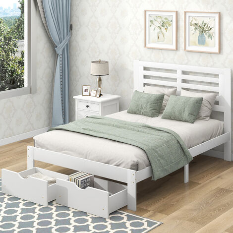 Lit double avec 2 tiroirs 140x200cm Cadre de lit avec rangement en bois blanc