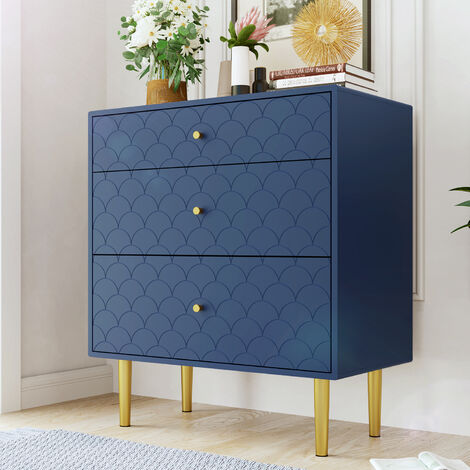 Modernluxe – Commode enfant 3 tiroirs – Dimensions 75x40x89cm – Bois certifié FSC – Design moderne bleu marine avec pieds métal champagne