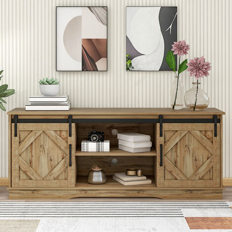 Modernluxe – Buffet en bois naturel avec étagères réglables – Dimensions 150x40x60cm – Capacité de charge 80kg – Portes coulissantes type grange