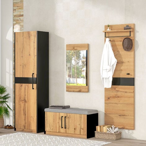 Meuble d'entrée 4 en 1 avec miroir, armoire, cintres, banc à chaussures, style campagnard, finition chêne sauvage