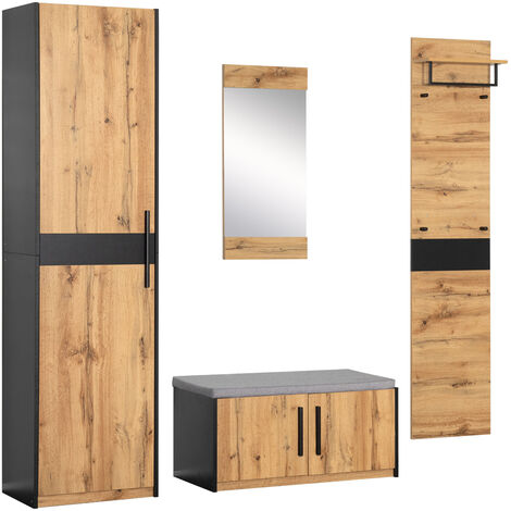 Meuble d'entrée 4 en 1 avec miroir, armoire, cintres, banc à chaussures, style campagnard, finition chêne sauvage