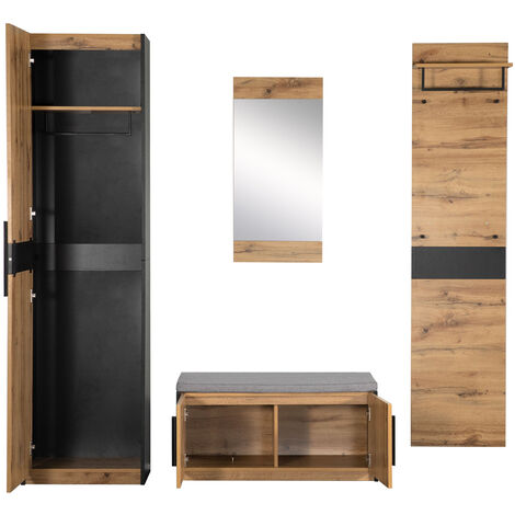 Meuble d'entrée 4 en 1 avec miroir, armoire, cintres, banc à chaussures, style campagnard, finition chêne sauvage