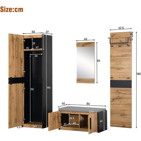 Meuble d'entrée 4 en 1 avec miroir, armoire, cintres, banc à chaussures, style campagnard, finition chêne sauvage