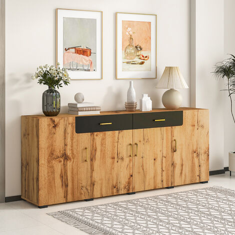 Modernluxe – Buffet 200cm MDF naturel et noir – 4 portes et 2 tiroirs – Design moderne minimaliste – 10 pieds en bois pour durabilité