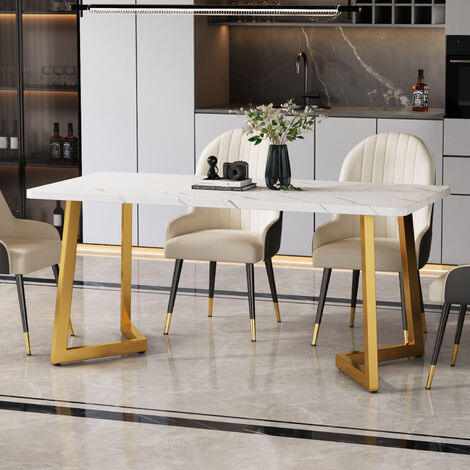 Modernluxe – Table de salle à manger 117x68cm – Plateau effet marbre MDF résistant aux rayures – Pieds en métal doré – Design moderne