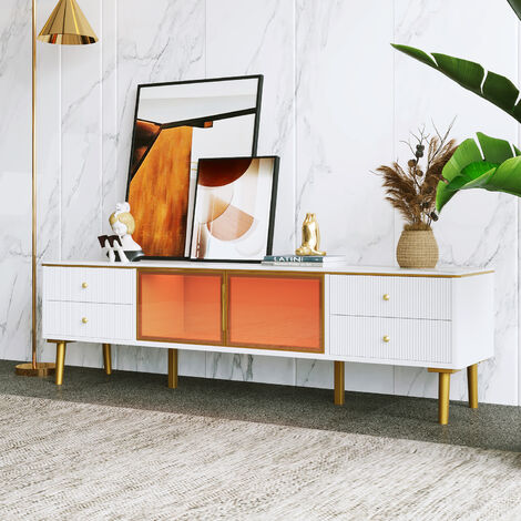 Meuble TV scandinave 170cm avec LED - 4 tiroirs - placage à motif en marbre - Blanc (1/5)