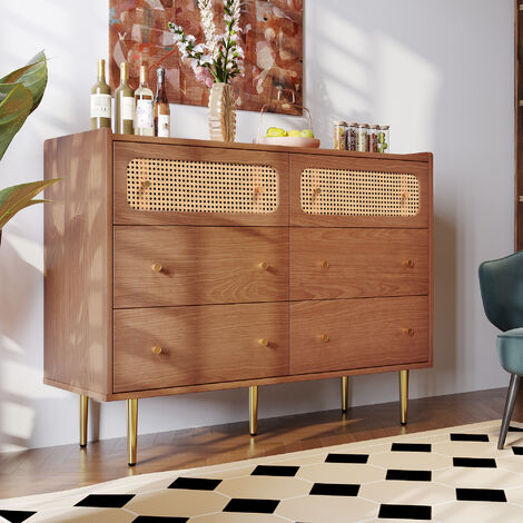 Modernluxe – Commode enfant 6 tiroirs en rotin – Finition vintage noyer – Coins arrondis pour sécurité – Pieds en métal de 20 cm (1/7)