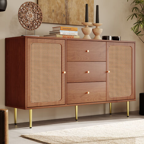 Modernluxe – Commode en rotin marron – 3 tiroirs – 2 portes – Finition vintage – Poignées en métal doré – Rangement pratique pour vêtements