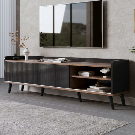 Modernluxe – Meuble TV 160cm avec 2 tiroirs et 2 portes coulissantes – Noir et bois – Design élégant avec rangement optimisé – Pieds en bois pour stabilité (1/5)