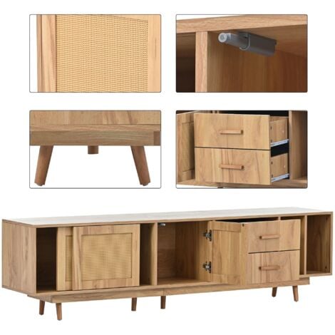 Meuble TV 190cm en rotin pour 80" tv en bois - 2 tiroirs et 2 compartiments - Naturel