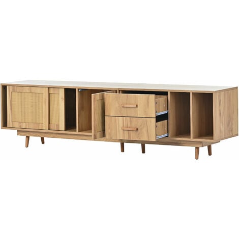 Meuble TV 190cm en rotin pour 80" tv en bois - 2 tiroirs et 2 compartiments - Naturel