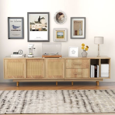 Meuble TV 190cm en rotin pour 80" tv en bois - 2 tiroirs et 2 compartiments - Naturel