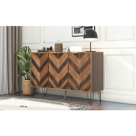 Modernluxe – Buffet vintage en bois marron – 3 portes et 6 compartiments – Pieds en fer pour stabilité – Rangement élégant pour salon et bureau (1/7)