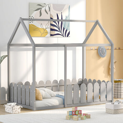 Lit cabane enfant 80 x 160 CM NEREE blanc avec sommier et barrières