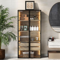 Meuble de salle de bain avec LED - 2 grands tiroirs et 2 portes vitrées - Naturel
