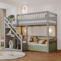 Modernluxe – Lit superposé en bois massif 90x200cm – Escalier de rangement intégré – Capacité 250kg – Conception peu encombrante – Montage facile