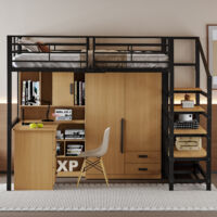 Lit mezzanine 120×190 enfant « Jeune Urbaine » avec armoire intégrée, accès « escalier de rangement Brick it » de face Lit mezzanine 120×190 enfant « Jeune Urbaine » avec armoire intégrée, accès « escalier de rangement Brick it » de face