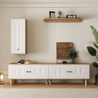 Ensemble meuble TV 3 pièces - Meuble TV + vitrine + étagère mural - 5 portes - Pieds en bois massif - Blanc+naturel