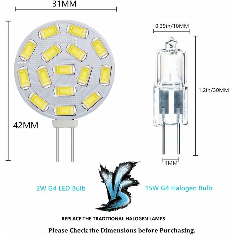 5 PEZZI UNIVERSO LAMPADINA LED G4 2W BULB CHIP SMD 300° 200 LUMEN AC/DC