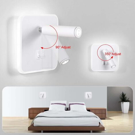 Lampada da parete a led, luce da lettura da comodino con interruttore,  porta di ricarica USB, illuminazione d'atmosfera della camera da letto  Faretto regolabile (3w 3000k + 9w 6000k) nero