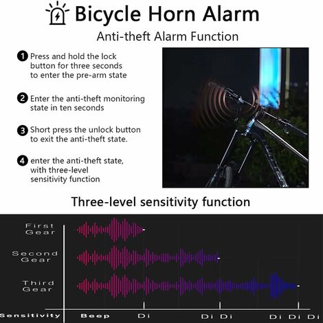 Campanello per bici con allarme antifurto, clacson impermeabile IPX6, volume  a tre livelli 80-130 dB
