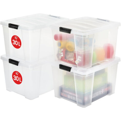 Iris Ohyama, Aufbewahrungsbox aus Kunststoff, 4er-Set, 30L - HB-30 - Transparent, L43 x T35 x H25.5 cm