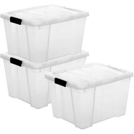 Iris Ohyama, Kunststoff-Aufbewahrungsbox mit Deckel, 30L, 3er-Set, transparent, HB-30