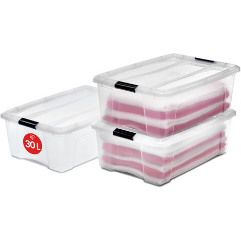 Iris Ohyama Aufbewahrungsboxen mit Deckel, 30L, 3er-Set, Transparent, Sicherer Verschluss, Stapelbar, Griffe, Schlafzimmer, Schrank, BÃ¼ro, Organisation, BPA-freies Plastik, Ordnungsboxen, NTB-30