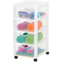 Iris Ohyama Kunststoff-Schubladenbox mit Rollen, 4 flachen Schubladen, Mattweiß, Griffe zum Ziehen, Für Schlafzimmer, Schule & Büro, BPA-frei, Schubladenschrank, Rollcontainer, A4 Drawer, DDDC-004