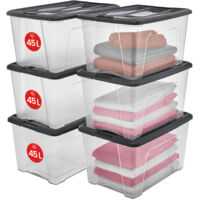 Iris Ohyama Aufbewahrungsboxen mit Deckel, 45L, 6er-Set, Schwarz, Sicherer Verschluss, Stapelbar, Griffe, Schlafzimmer, Schrank, Büro, Organisation, BPA-freies Plastik, Ordnungsboxen, NTB-45