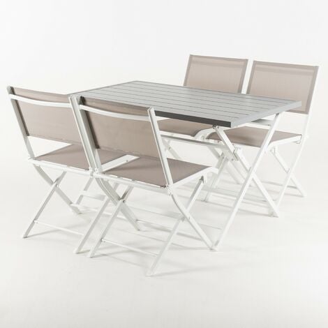 Conjunto para exterior, Mesa plegable 120 cm y 4 sillas plegables, Aluminio  blanco, Textilene color taupé