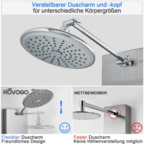ROVOGO Duschpaneel mit Armatur, Duschpaneele mit 6 Massagedüsen, Regendusche und 5 Modi Handbrause, Duschsäule 304 Edelstahl mit Höhenverstellbar Duscharm/Duschkopf, Gebürstet