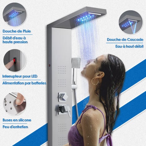 Colonne Panneau de Douche Hydromassante avec Mitigeur et LED, 5 Fonctions - Pomme de Douche Cascade et Pluie, Jets de Massage, Douchette à Main et Bec de Baignoire, Brossée Acier Inox, Montage Mural