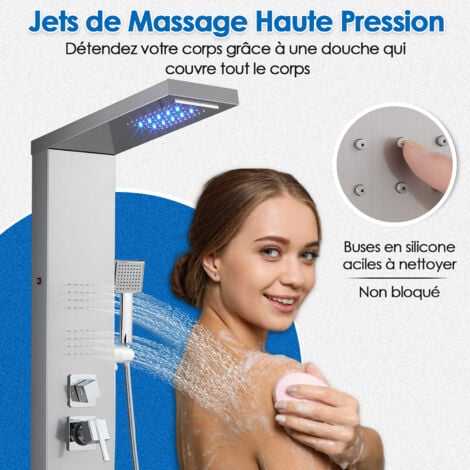 Colonne Panneau de Douche Hydromassante avec Mitigeur et LED, 5 Fonctions - Pomme de Douche Cascade et Pluie, Jets de Massage, Douchette à Main et Bec de Baignoire, Brossée Acier Inox, Montage Mural