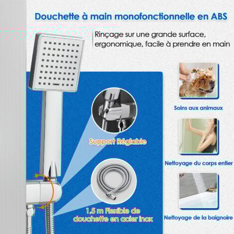 Colonne Panneau de Douche Hydromassante avec Mitigeur et LED, 5 Fonctions - Pomme de Douche Cascade et Pluie, Jets de Massage, Douchette à Main et Bec de Baignoire, Brossée Acier Inox, Montage Mural