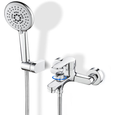 Rovogo – Mitigeur baignoire mural avec douchette 5 modes – Flexible 150cm – Inverseur rotatif en laiton chromé – Installation facile