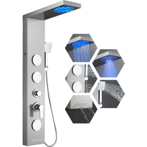 ROVOGO 5 Fonctions Brossé Panneau Colonne de Douche Hydromassante - Lumières LED, Pluie, Brume, 3 x Jets de Massage, Douchette et Bec de Baignoir Cascade, Acier Inoxydable Montage Mural