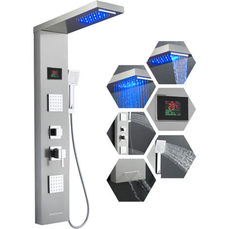 Rovogo – Colonne de douche hydromassante 6 en 1 – Acier inoxydable – Affichage LED de température – Douche pluie, brume, jets de massage, douchette à main