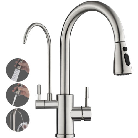 ROVOGO Mitigeur de cuisine monobloc avec douchette extractible, robinet à filtre à eau 3 voies avec 2 poignées pour l'eau chaude, froide et potable, acier inoxy brossé pivotant à 360°, bec en C