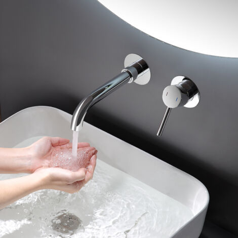 ROVOGO Mitigeur lavabo encastré mural avec corps dissimulé en acier inox 304, Robinet de lavabo de salle de bain à 2 trous avec bec rotatif à 360 degrés, Levier unique chromé
